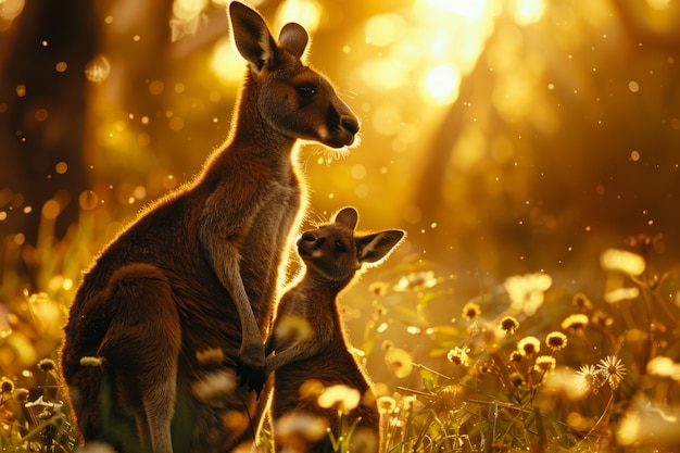 Free photo kangaroos at sunset in dreamy style