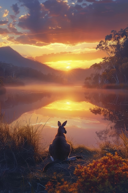 Free photo kangaroos at sunset in dreamy style