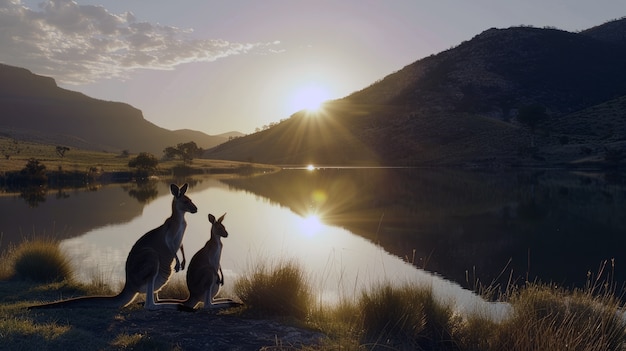 Kangaroos at sunset in dreamy style