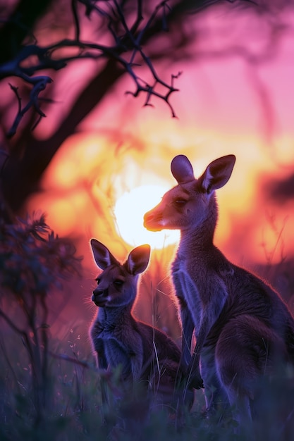 Free Photo kangaroos at sunset in dreamy style