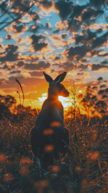 Kangaroos at sunset in dreamy style