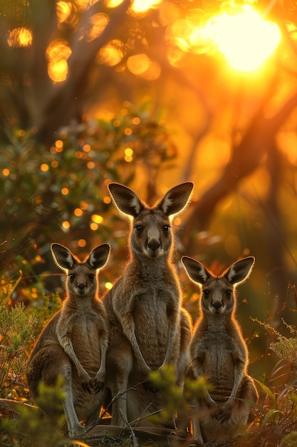 Free photo kangaroos at sunset in dreamy style