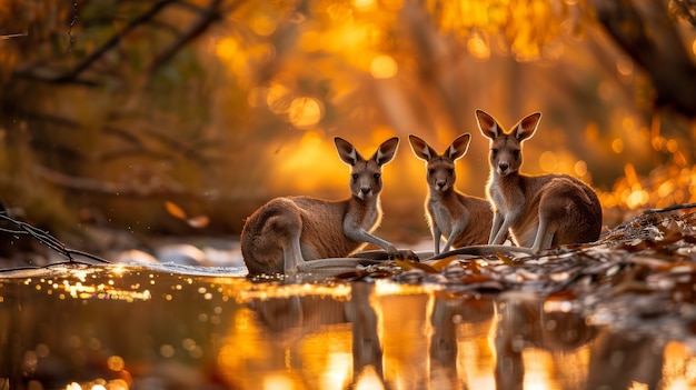 Kangaroos at sunset in dreamy style