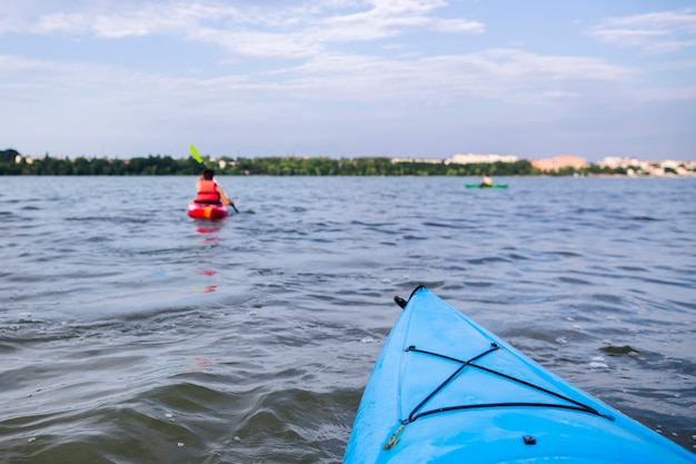 Kayaking bow on peaceful calm water