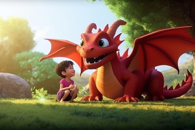 Kid and dragon hanging out