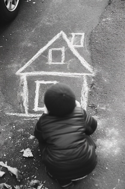 Kid drawing house with chalk on the floor outdoors