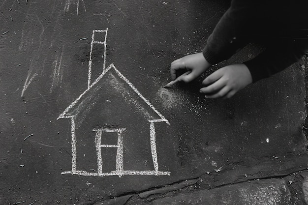 Free photo kid drawing house with chalk on the floor