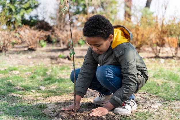 Kid learning how to plant a tree