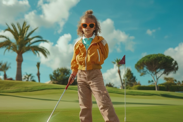 Free photo kid playing golf in photorealistic environment