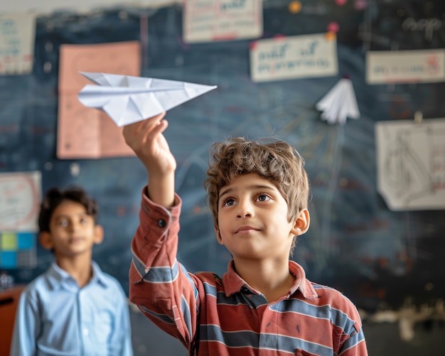 Free Photo kid playing with paper plane