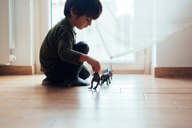 Kid playing with toy dinosaurs