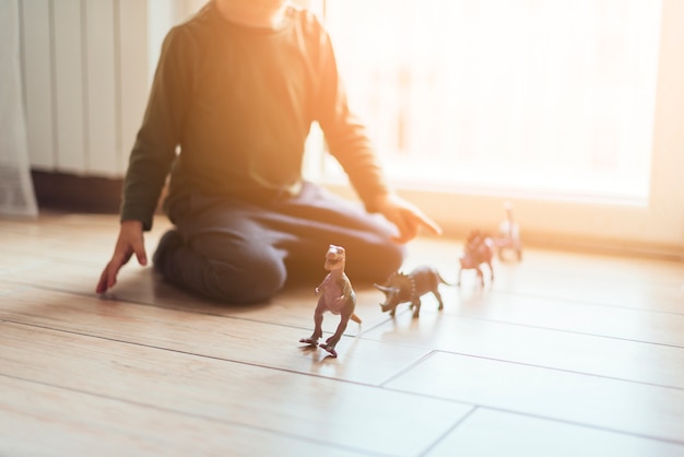 Kid playing with toy dinosaurs