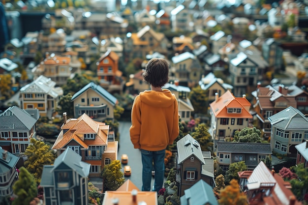 Kid surrounded by tiny houses