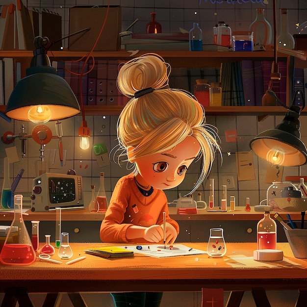 Kids chemistry laboratory cartoon illustration