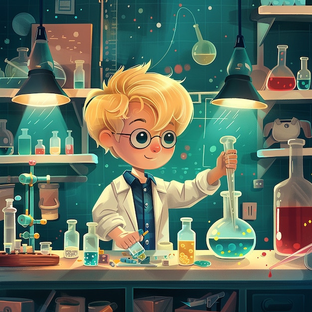 Kids chemistry laboratory cartoon illustration