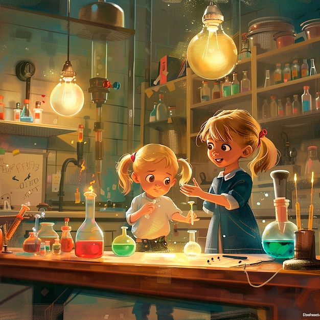 Free photo kids chemistry laboratory cartoon illustration