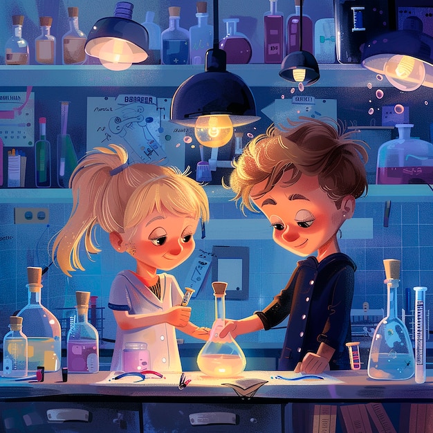 Free photo kids chemistry laboratory cartoon illustration