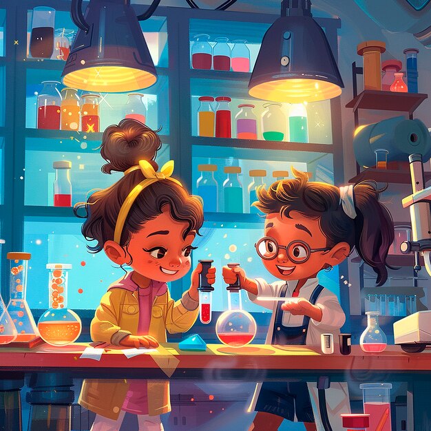 Kids chemistry laboratory cartoon illustration