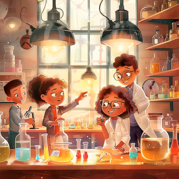 Free photo kids chemistry laboratory cartoon illustration