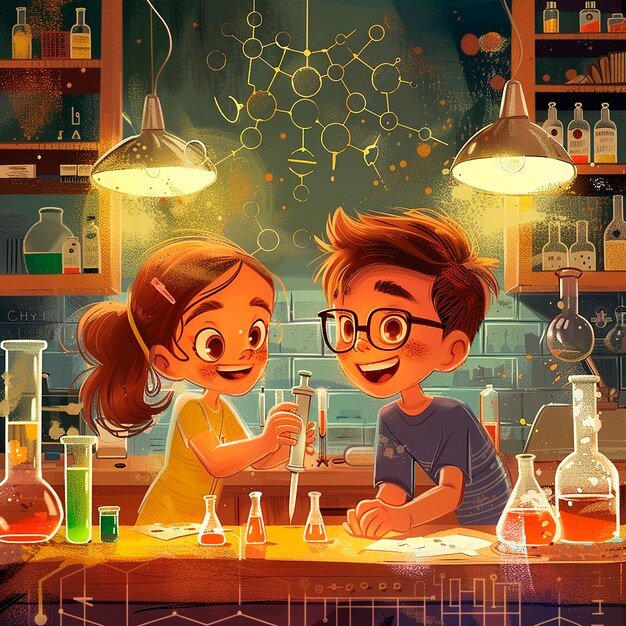 Kids chemistry laboratory cartoon illustration