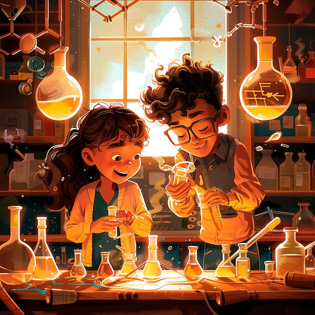 Free photo kids chemistry laboratory cartoon illustration