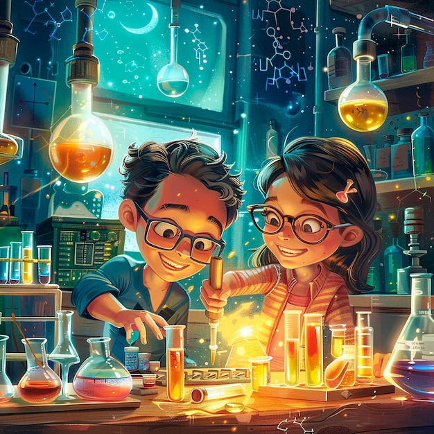 Free photo kids chemistry laboratory cartoon illustration