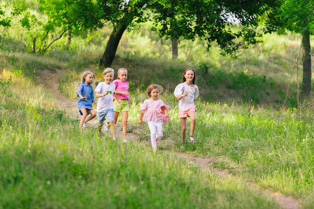 Free Photo kids, children running on meadow in summer's sunlight.