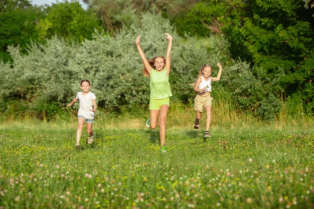 Kids, children running on meadow in summer's sunlight.