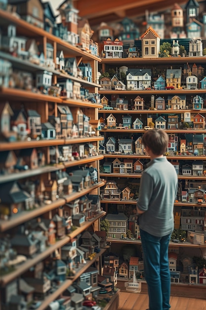 Kids looking miniature houses in shelves