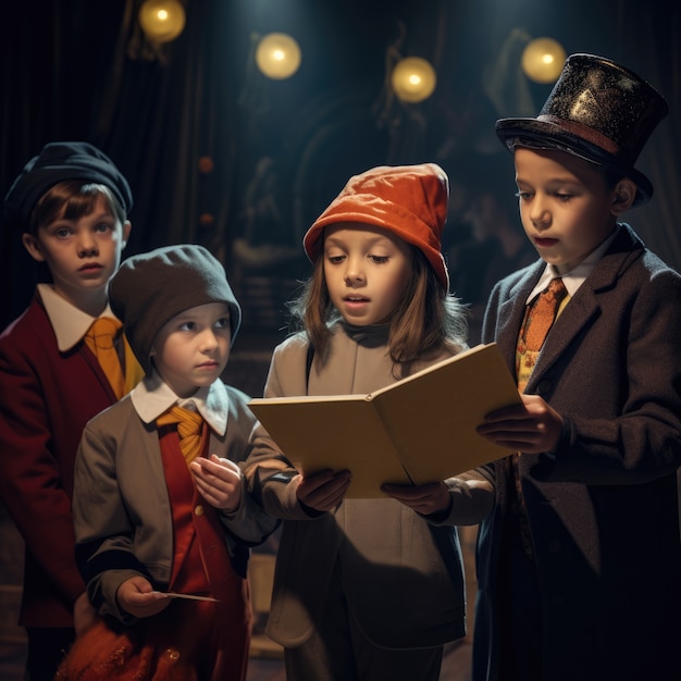 Free photo kids performing a play on stage for word theatre day