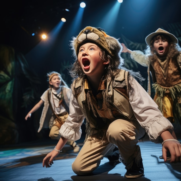 Free photo kids performing a play on stage for word theatre day