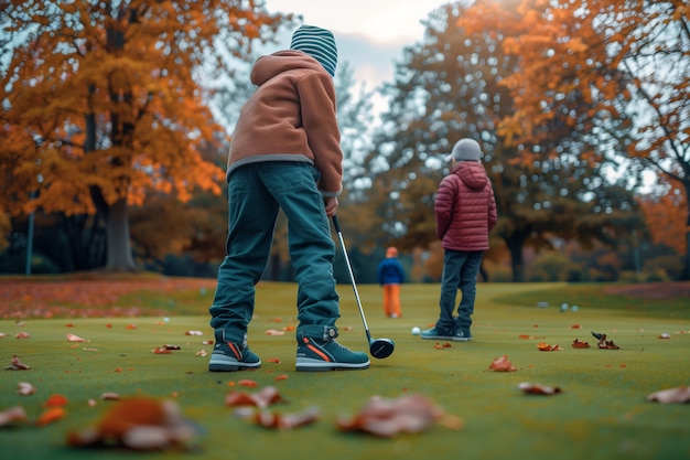 Kids playing golf in photorealistic environment