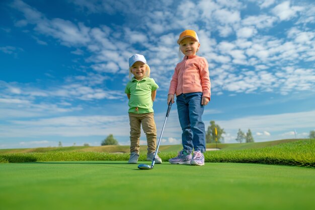 Kids playing golf in photorealistic environment