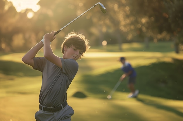 Kids playing golf in photorealistic environment