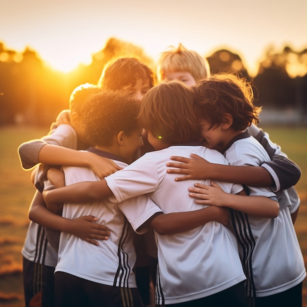 Free photo kids soccer players huddling and celebrating victory together