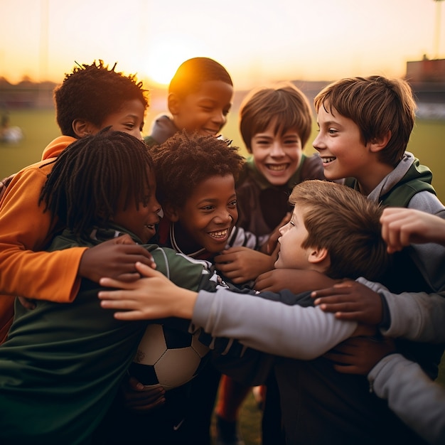 Kids soccer players huddling and celebrating victory together