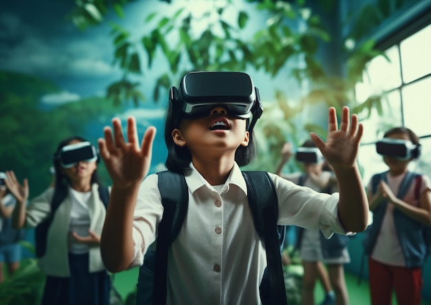 Free Photo kids with vr glasses in abstract futuristic school classroom