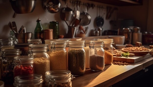 A kitchen counter with jars of food on it