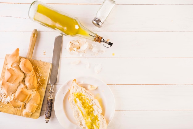 Kitchen desktop with bread and oil