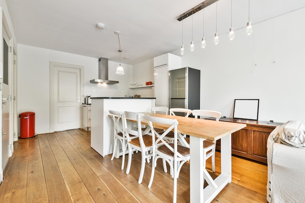 Kitchen and the dining room of a modern apartment