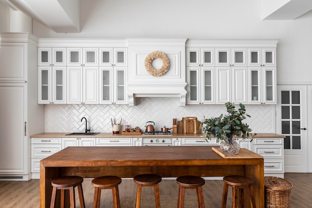 Kitchen interior design with wooden table