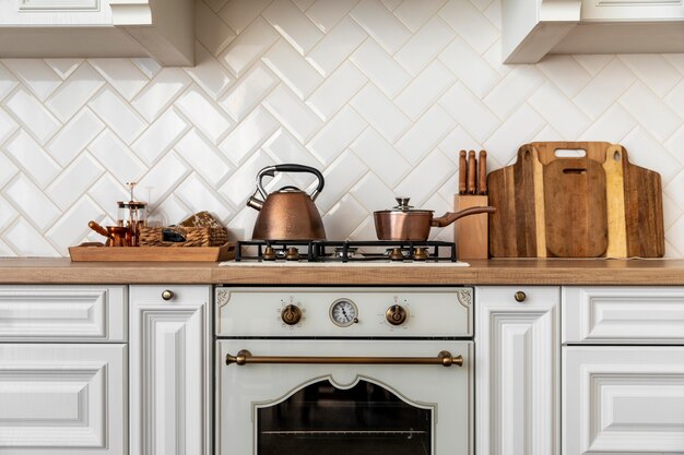 Kitchen interior with golden detailed furniture