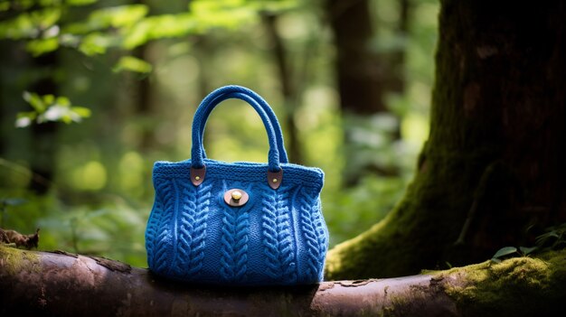 Knitted bag sitting on forest ground