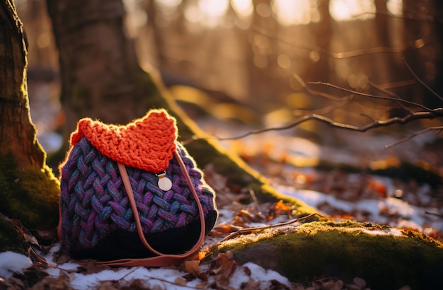 Free photo knitted bag sitting on forest ground