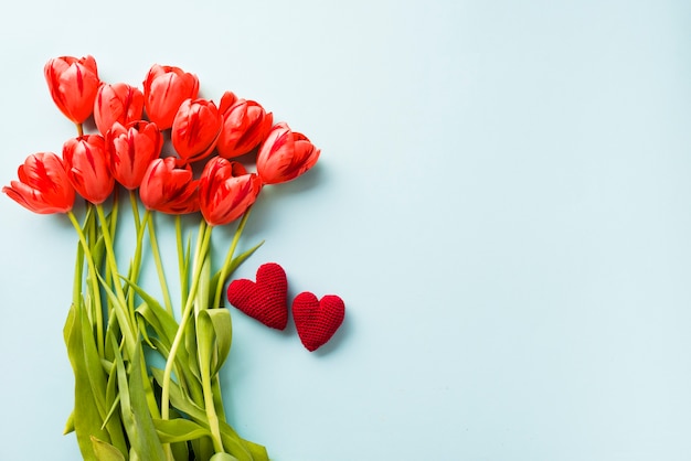 Free photo knitted hearts near tulips