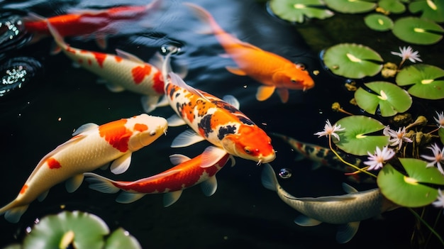 Koi fish gracefully navigate a peaceful garden pond