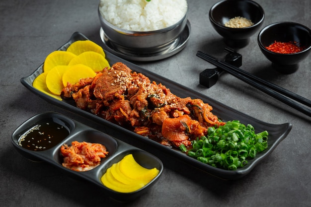 Korean food;Jeyuk Bokkeum or fried pork in korean style sauce