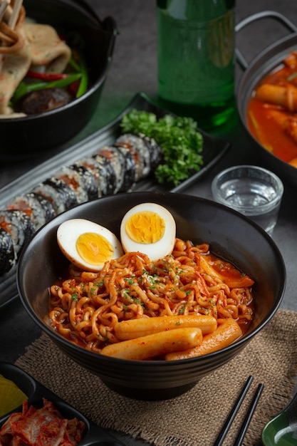 Free photo korean instant noodle and tteokbokki in korean spicy sauce, ancient food