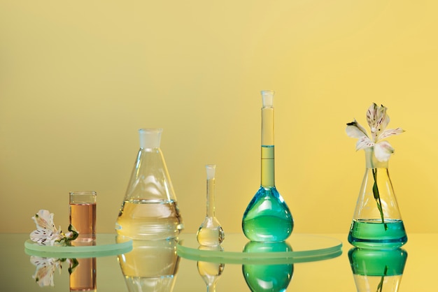 Laboratory glassware with green liquid arrangement