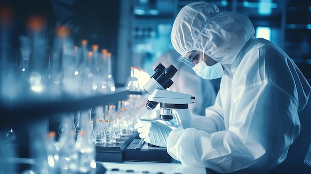 Laboratory Personnel Wearing a Mask Inspects Test Tubes and Conducts Microscopic Analysis